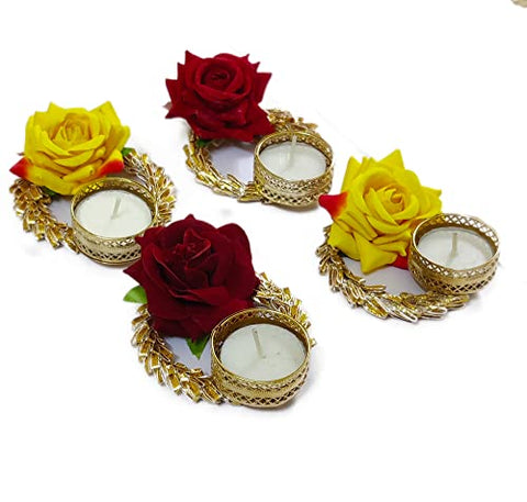 DMS RETAIL Artificial Flower Diya with Tea Light Candles for Diwali Decoration|Puja Decoration Pack of (6) dmsretail