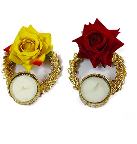 DMS RETAIL Artificial Flower Diya with Tea Light Candles for Diwali Decoration|Puja Decoration Pack of (6) dmsretail