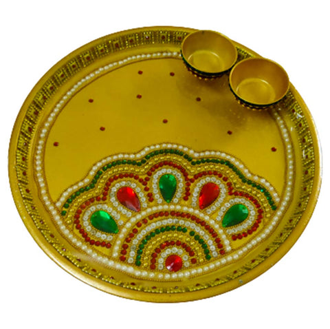 DMS RETAIL Decorative Designer Stainless Steel Puja Thali Set with Kumkum Holder Cum Diya Holder for Temple and Home| Decorative Rakhi Thali|Tilak Thali|Kankavati for Pooja Thali dmsretail