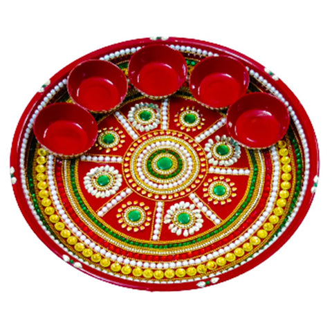 DMS RETAIL Decorative Stainless Steel Puja Thali Set with Diya Kum Kumkum Holder for Temple and Home| Decorative Rakhi Thali|Tilak Thali|Kankavati for Pooja Thali dmsretail