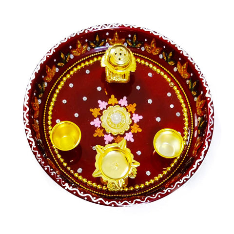 DMS RETAIL Decorative Stainless Steel Puja Thali Set with Diya Kum Kumkum Holder for Temple and Home| Decorative Rakhi Thali|Tilak Thali dmsretail