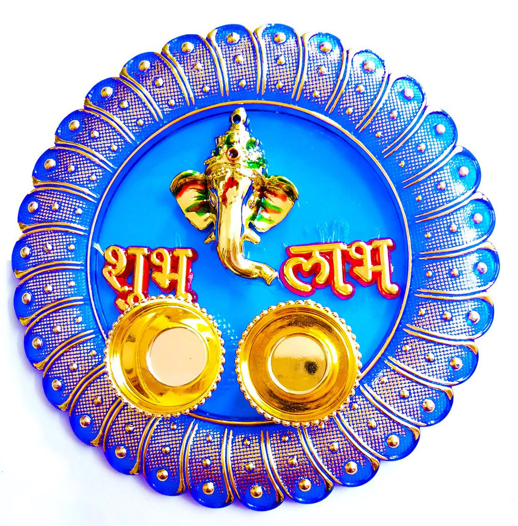 DMS RETAIL Designer and Ethnic Acrylic Pooja thali with 2 Kumkum/chawal Holder/Engagement Plate/Diwali Decorations/Tilak Thali/Kankavati for Pooja/Rakhi Thali dmsretail