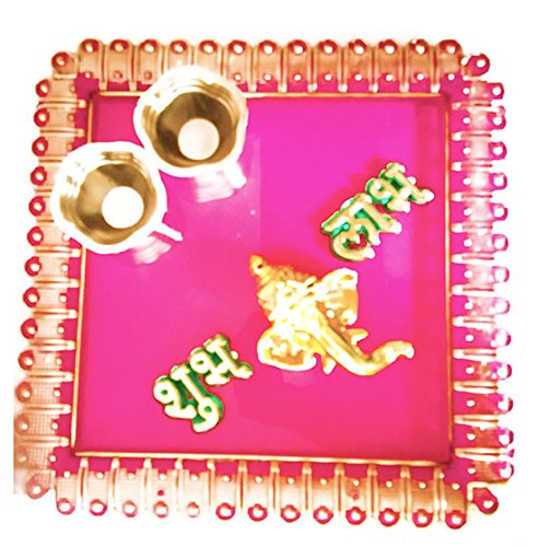 DMS RETAIL & Ethnic Acrylic Decorative Pooja Thali with Kumkum Holder for Diwali Pooja Rakhi Thali Enaagement Plate dmsretail