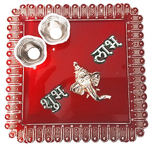 DMS RETAIL & Ethnic Acrylic Ganeshji Decorative Pooja Thali with Kumkum Holder for Diwali Pooja Rakhi Thali Enaagement Plate dmsretail