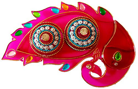 DMS RETAIL & Ethnic Acrylic Peacock Shape Decorative Pooja Thali with Kumkum Holder for Diwali Pooja Rakhi Thali Enaagement Plate dmsretail