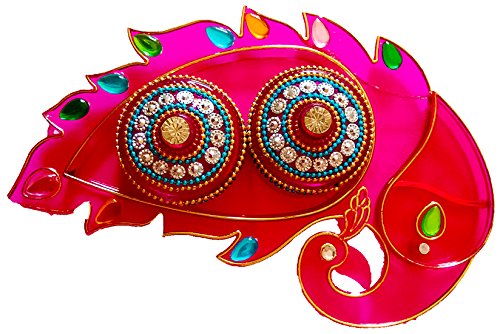 DMS RETAIL & Ethnic Acrylic Peacock Shape Decorative Pooja Thali with Kumkum Holder for Diwali Pooja Rakhi Thali Enaagement Plate dmsretail