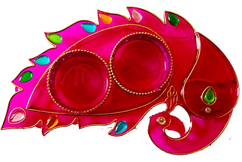 DMS RETAIL & Ethnic Acrylic Peacock Shape Decorative Pooja Thali with Kumkum Holder for Diwali Pooja Rakhi Thali Enaagement Plate dmsretail