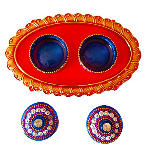 DMS RETAIL & Ethnic Acrylic Pooja thali with 2 Kumkum/chawal Holder/Engagement Plate/Diwali Decorations/Tilak Thali/Kankavati for Pooja/Rakhi Thali dmsretail