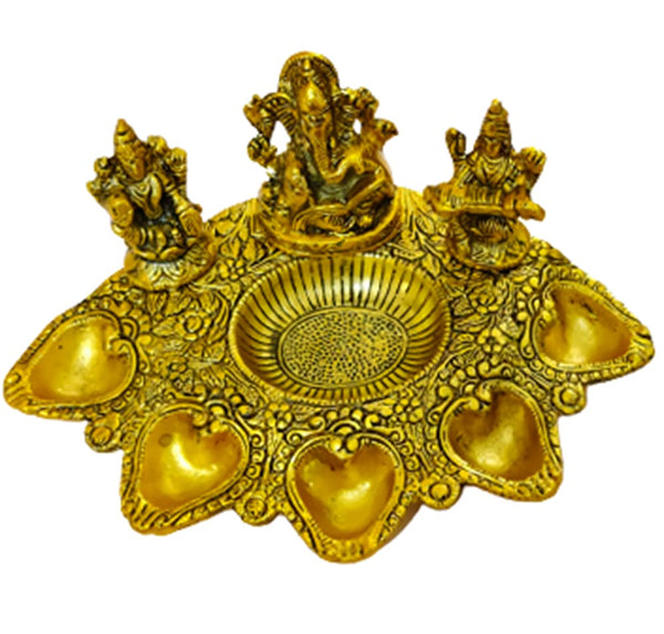 DMS RETAIL Ganesh Laxmi Saraswati Pooja Thali with 5 Holders I Pooja Thali with for Wedding, Rakhsha Bhandhan, Bhai Dooj, Tilak Tika Function dmsretail