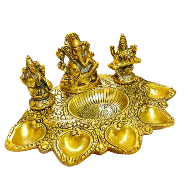 DMS RETAIL Ganesh Laxmi Saraswati Pooja Thali with 5 Holders I Pooja Thali with for Wedding, Rakhsha Bhandhan, Bhai Dooj, Tilak Tika Function dmsretail