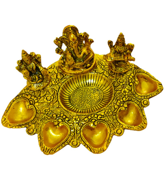 DMS RETAIL Ganesh Laxmi Saraswati Pooja Thali with 5 Holders I Pooja Thali with for Wedding, Rakhsha Bhandhan, Bhai Dooj, Tilak Tika Function dmsretail