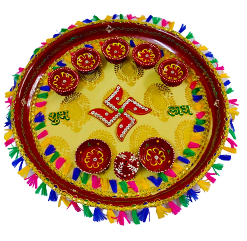 DMS RETAIL Golden Decorative Designer Stainless Steel Puja Thali Set with Kumkum Holder Deepak and Aggarbatti Stand Swastik for Temple and Home| Decorative Rakhi Thali|Tilak Thali dmsretail