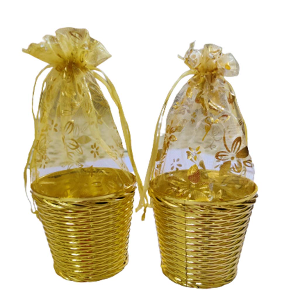DMS RETAIL Golden Decorative Organza Potli Basket NeT Gift Basket for