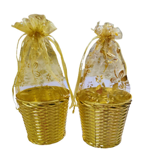 DMS RETAIL Golden Decorative Organza Potli Basket NeT Gift Basket for Packing Shagun Potli Bags for Return Gifts Pack Of (12) dmsretail