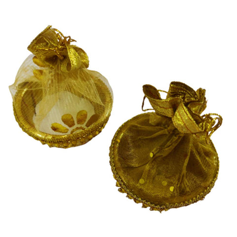 DMS RETAIL Golden Decorative Organza Round Potli Basket (Large) - Pack of 2 dmsretail