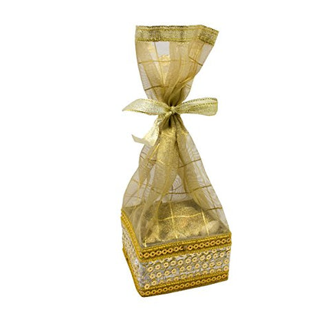 DMS RETAIL Golden Delite Decorative Organza Potli Basket/Katori/Box/Return Gift/Engagement/Baby Announcement Box/Dryfruit Box-Pack of 5 dmsretail