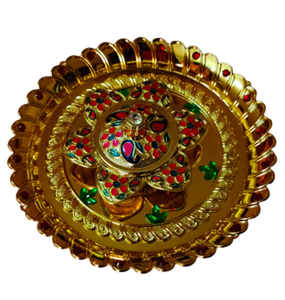 DMS RETAIL Golden Pooja Thali Set with Kumkum Holder Decorative Rakhi Thali|Tilak Thali|Engagement Platter|Kankavati for Pooja|Diwali Decoration for Home dmsretail