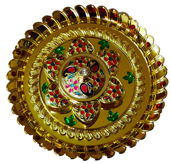 DMS RETAIL Golden Pooja Thali Set with Kumkum Holder Decorative Rakhi Thali|Tilak Thali|Engagement Platter|Kankavati for Pooja|Diwali Decoration for Home dmsretail