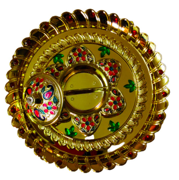 DMS RETAIL Golden Pooja Thali Set with Kumkum Holder Decorative Rakhi Thali|Tilak Thali|Engagement Platter|Kankavati for Pooja|Diwali Decoration for Home dmsretail