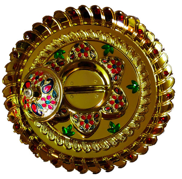 DMS RETAIL Golden Pooja Thali Set with Kumkum Holder Decorative Rakhi Thali|Tilak Thali|Engagement Platter|Kankavati for Pooja|Diwali Decoration for Home dmsretail