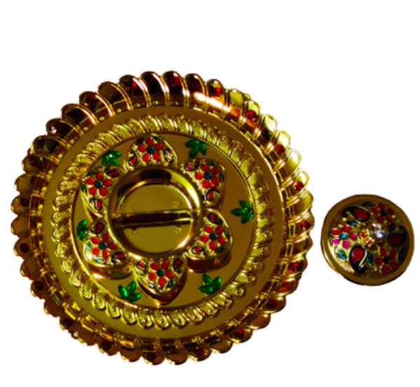 DMS RETAIL Golden Pooja Thali Set with Kumkum Holder Decorative Rakhi Thali|Tilak Thali|Engagement Platter|Kankavati for Pooja|Diwali Decoration for Home dmsretail