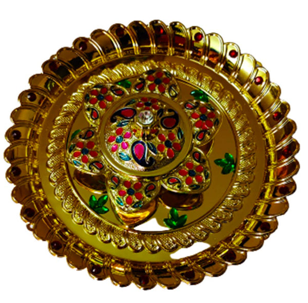 DMS RETAIL Golden Pooja Thali Set with Kumkum Holder Decorative Rakhi Thali|Tilak Thali|Engagement Platter|Kankavati for Pooja|Diwali Decoration for Home dmsretail