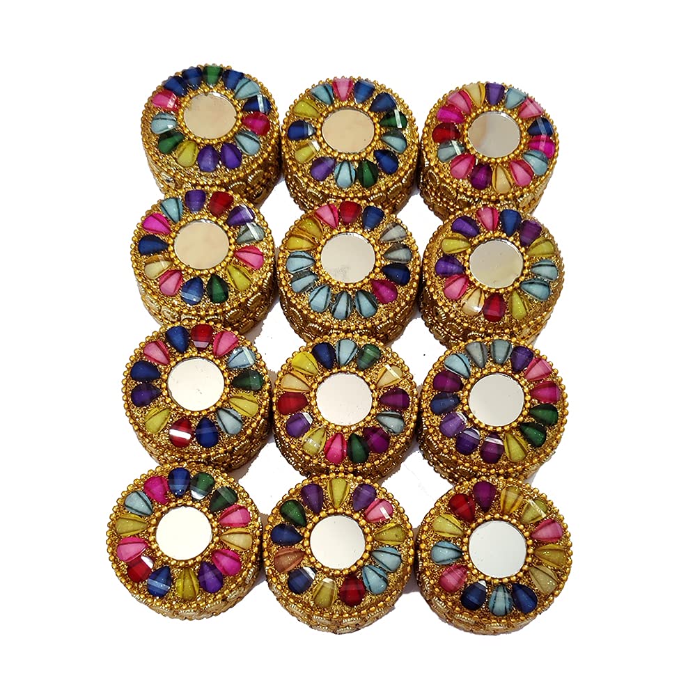 DMS RETAIL Handcrafted Mirror Meenakari Kumkum Box | Sindoor Dibbi | Gift Box for Decoration | Jewellery Box |for Pooja Items and Bridal sindoor Box Best Gift for Women 2.5 Inch Big Size (12) dmsretail