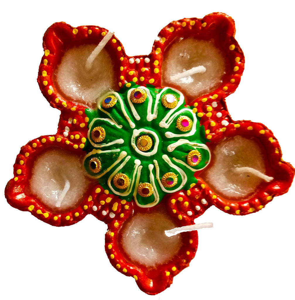 DMS RETAIL Handmade Flower Design Wax Filled Reusable Attached 5 Decorative Diya for Diwali for Floor Decoration Or Home Decoration dmsretail