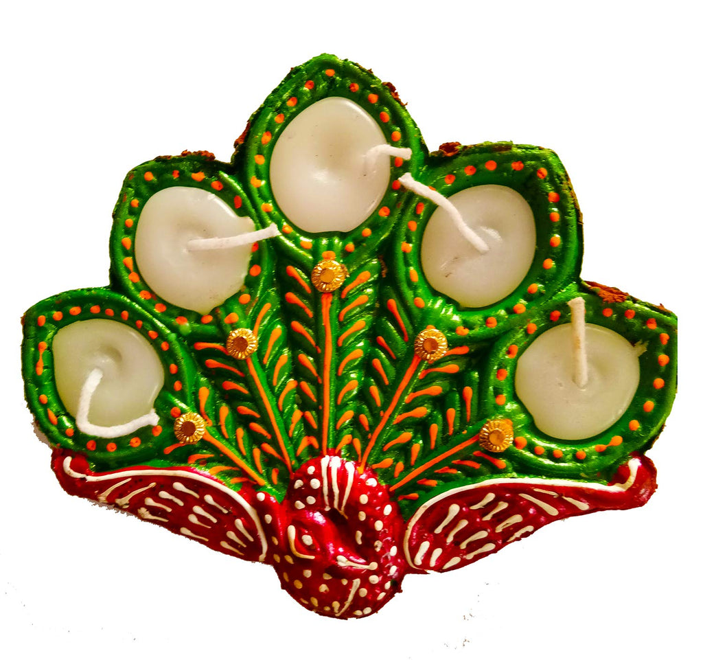 DMS RETAIL Handmade Peacock Design Wax Filled Reusable Attached 5 Decorative Diya for Diwali for Floor Decoration Or Home Decoration dmsretail