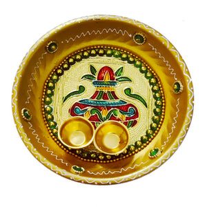 DMS RETAIL Kalash Pooja Thali with Kumkum Holder Decorative Rakhi Thali Tilak Thali 8X8 Inches dmsretail