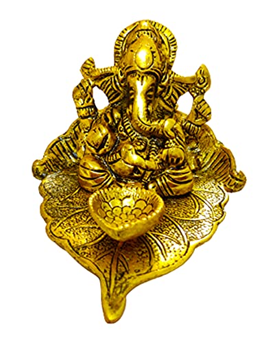 DMS RETAIL Metal Ganesh,Ganesh On Leaf Diya Pooja Thali|Ganesh with Diya Kankavati|Home Decorative Gift for Puja Small Size (Gold) dmsretail