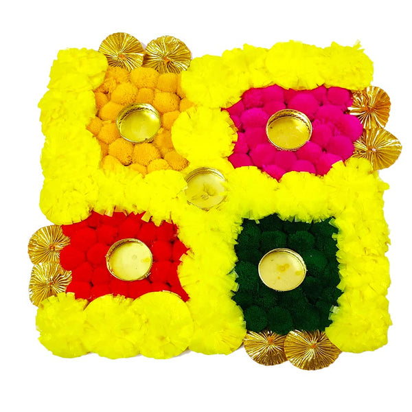 DMS RETAIL Multicolor Artificial Swastik Marigold Flower Mat Rangoli Aasan with Tea Light Diya Holder and Candles for Diwali & Festival Decoration dmsretail