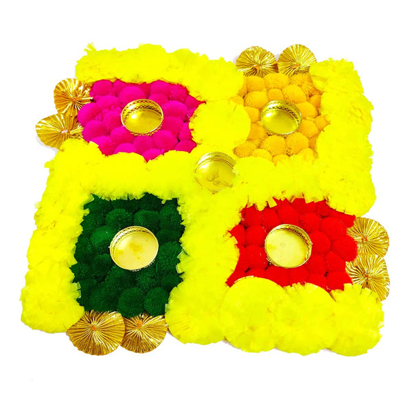 DMS RETAIL Multicolor Artificial Swastik Marigold Flower Mat Rangoli Aasan with Tea Light Diya Holder and Candles for Diwali & Festival Decoration dmsretail