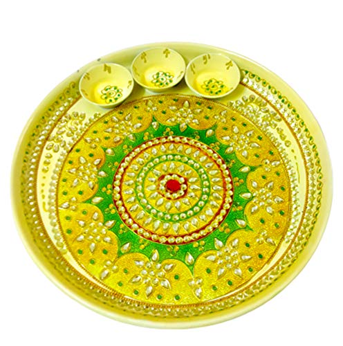 DMS RETAIL Multicolor Decorative Designer Stainless Steel Puja Thali Set with Kumkum Holder Cum Diya Holder for Temple and Home| Decorative Rakhi Thali|Tilak Thali|Engagement Thali 12X12 Inch dmsretail