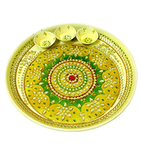 DMS RETAIL Multicolor Decorative Designer Stainless Steel Puja Thali Set with Kumkum Holder Cum Diya Holder for Temple and Home| Decorative Rakhi Thali|Tilak Thali|Engagement Thali 12X12 Inch dmsretail