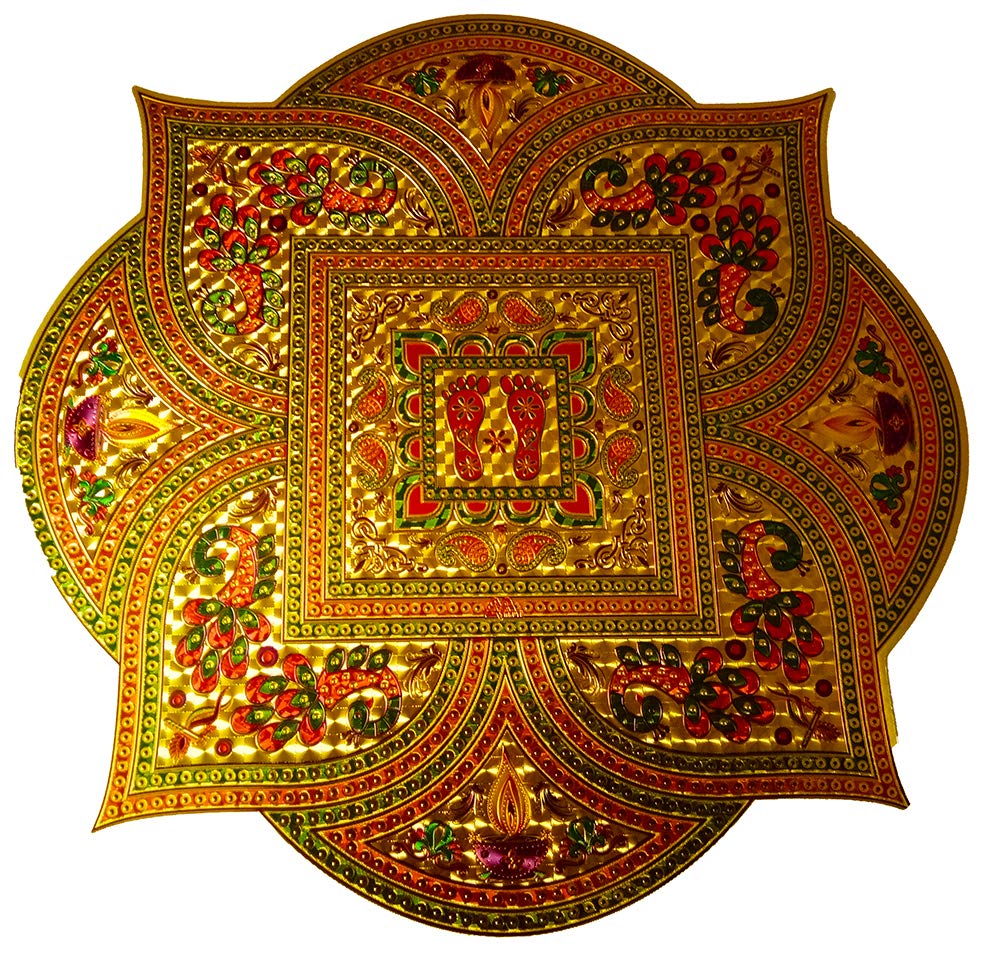 DMS RETAIL Multicolor Gold Peacock Diya Laxmi Charan Rangoli Floor Stickers Diwali Rangoli Stickers PVC Vinyl Wall Sticker Shubh Deepawali Sticker dmsretail