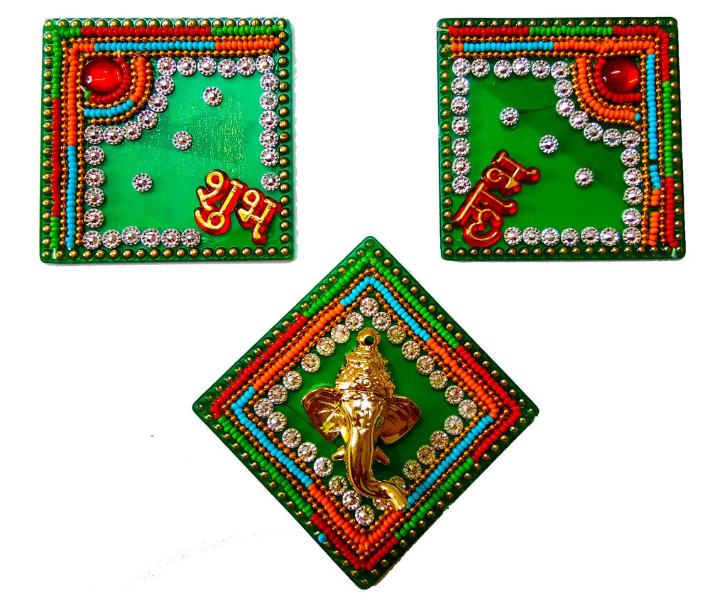 DMS RETAIL Multicolor Handcrafted Acrylic Stone and Pearl Studded Shubh Labh Ganesh Stickers in Suqare Shape dmsretail