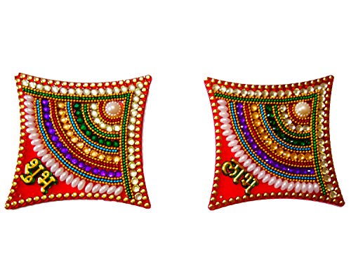 DMS RETAIL Multicolor Handcrafted Acrylic Stone and Pearl Studded Shubh Labh Stickers in Square Shape Foor Decoration Pack of 4 (2 Shubh and 2 Labh) dmsretail