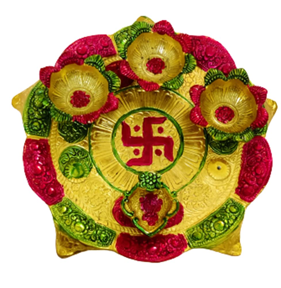 DMS RETAIL Multicolor Metal Pooja Thali with Diya Holders Diya