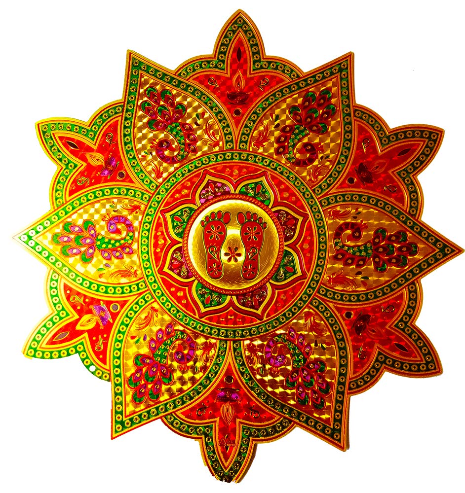 DMS RETAIL Multicolor Peacock Laxmi Charan Rangoli Floor Stickers Diwali Rangoli Stickers PVC Vinyl Wall Sticker Shubh Deepawali Sticker dmsretail