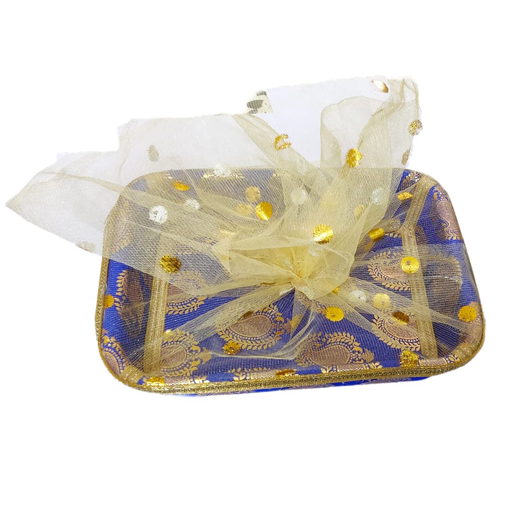 DMS RETAIL Multipurpose Brocade Material Decorative Chab Basket For Functions For Packaging With Attached Net- Blue (10X7 INCHES)(Wood) dmsretail