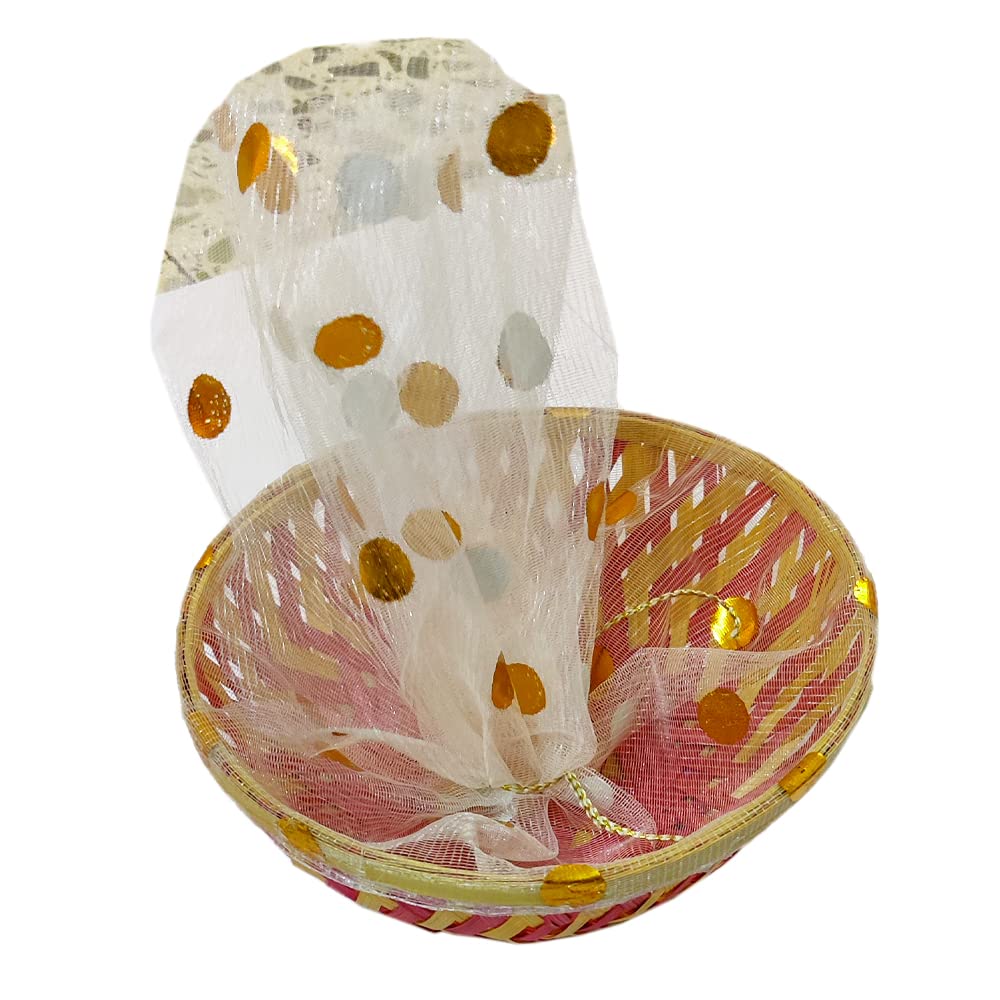 DMS RETAIL Multipurpose Wooden Basket With Net For Packaging| Decorative Basket For Functions |Shagun Basket For Wedding (12 INCH) dmsretail