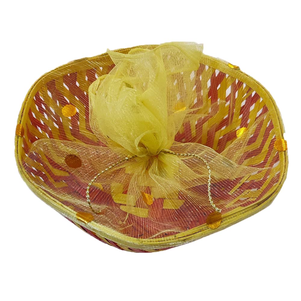 DMS RETAIL Multipurpose Wooden Round Basket With Net For Packaging| Hamper Decorative Basket For Functions |Shagun Basket For Wedding (12x12 Inches) dmsretail