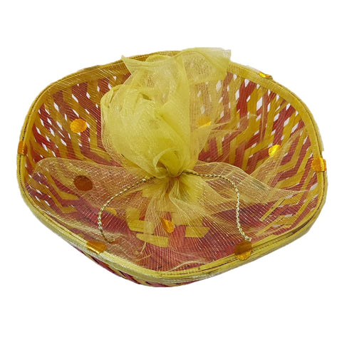 DMS RETAIL Multipurpose Wooden Round Basket With Net For Packaging| Hamper Decorative Basket For Functions |Shagun Basket For Wedding (12x12 Inches) dmsretail