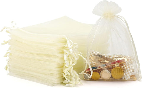 DMS RETAIL Net Fabric Drawstring Pouch for Dry Fruits Packing, Organza Shagun Potli, Wedding Party Favor Gift Bags 7X9 CMS 30 PCS (OFF WHITE) dmsretail