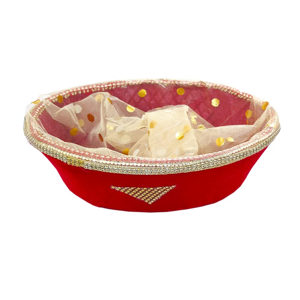 DMS RETAIL Oval Shale Velvet Basket With Net For Packaging| Decorative Basket For Functions -19 Inches(Wood, Red;White) dmsretail