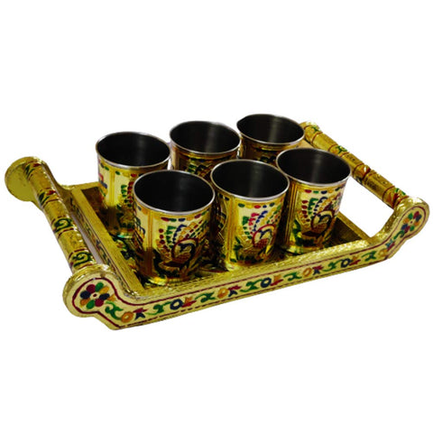 DMS RETAIL Peacock Design Rajwadi Traditional Water Drinking Glass and Tray Handicraft Serving Tray Set (6 Glass, 1 Tray) dmsretail