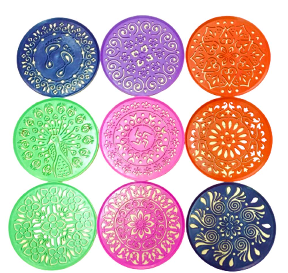 DMS RETAIL Rangoli Making Kit - Set of 2 Round Stencils (8 Inches) with Rangoli Colors Powder Set of 8 Packets 50 Grams dmsretail