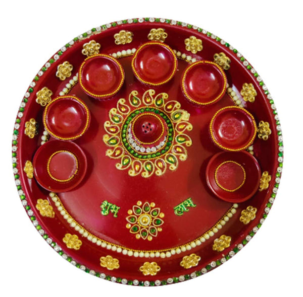 DMS RETAIL Red Decorative Designer Stainless Steel Puja Thali Set with Kumkum Holder Deepak and Aggarbatti Stand for Temple and Home| Decorative Rakhi Thali|Tilak Thali dmsretail