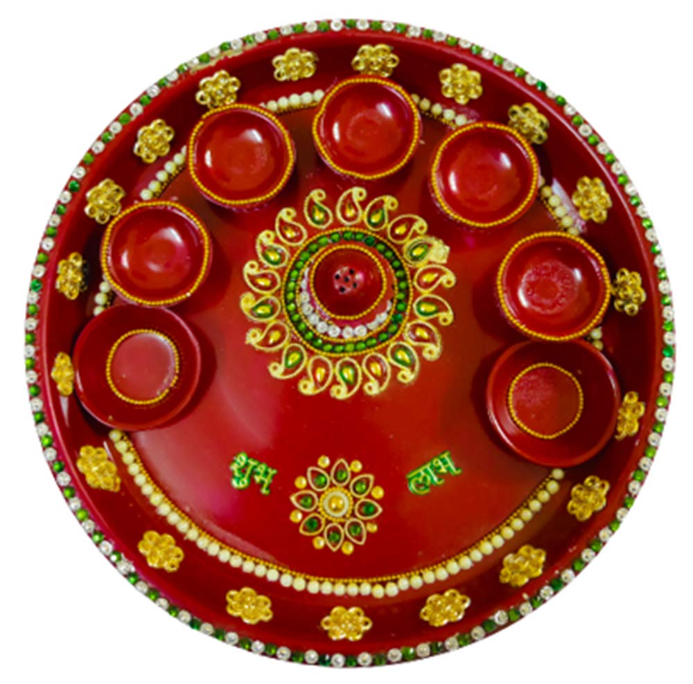DMS RETAIL Red Decorative Designer Stainless Steel Puja Thali Set with Kumkum Holder Deepak and Aggarbatti Stand for Temple and Home| Decorative Rakhi Thali|Tilak Thali dmsretail